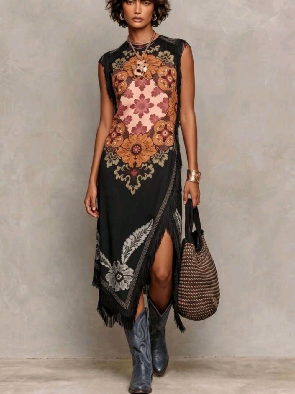 Women's Boho Embroidered Fringe Tunic Maxi Dress, Sleeveless Round Neck Asymmetr
